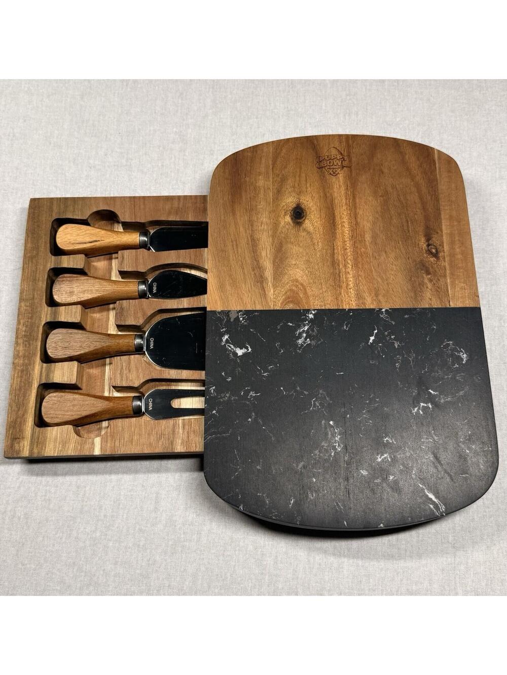 Puppy Bowl Black Marble And Wood‎ Charcuterie Cheese Board Set 4 Piece Utensils